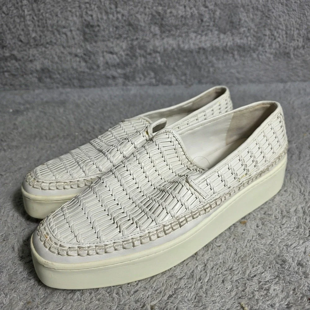 VINCE Woven Leather Platform Sneakers Slip‎ On Stafford White US 9.5 EUR 38.5